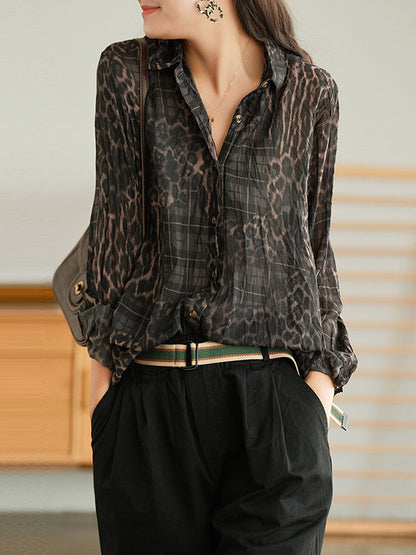 Vintage Printed Buttoned Pleated Lapel Long Sleeves Blouse Tops