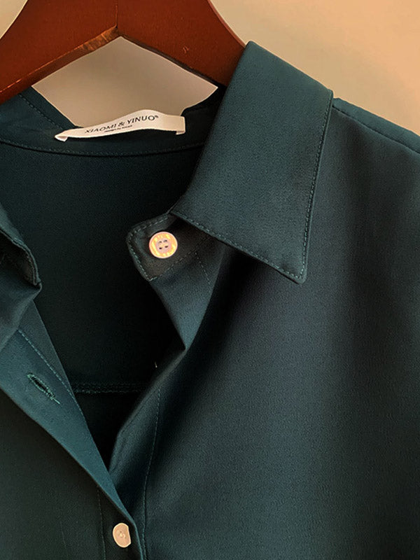 Simple Solid Color Buttoned Lapel Long Sleeves Blouse Tops