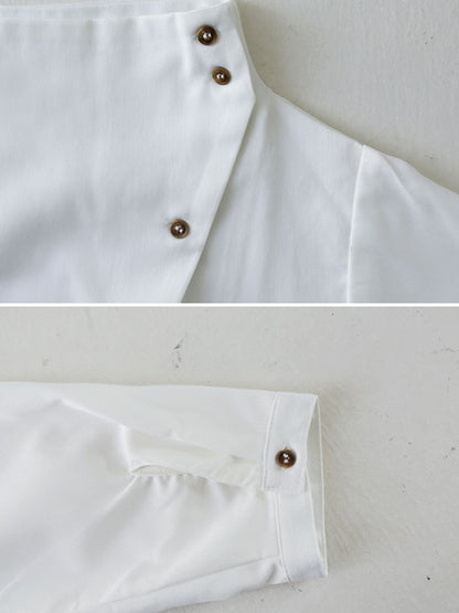 Loose Casual Solid Color Buttoned High-Neck Long Sleeves Blouse