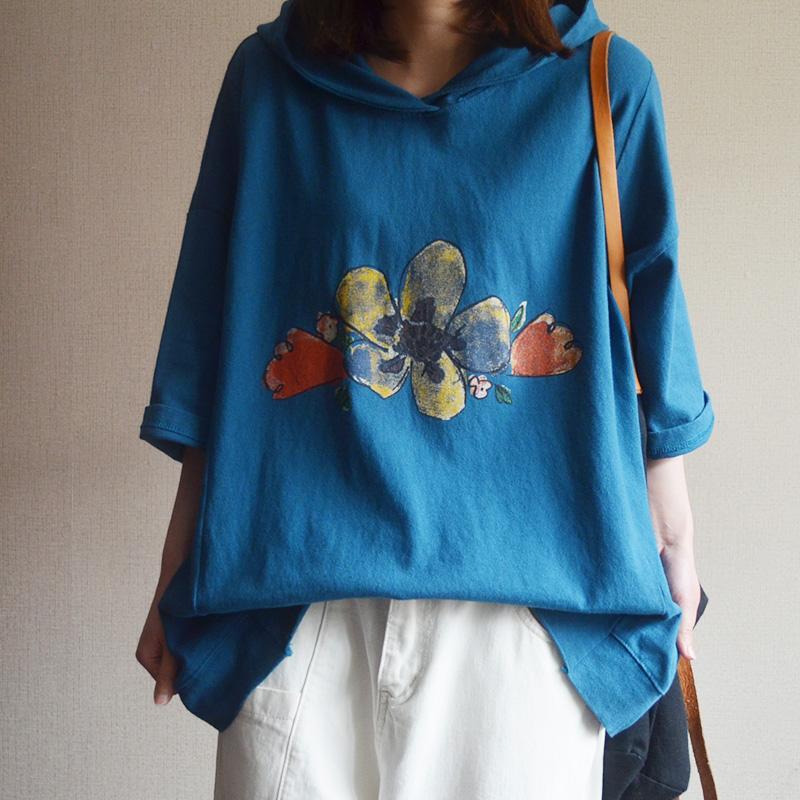 Cotton Print Loose Hooded Women Blouse