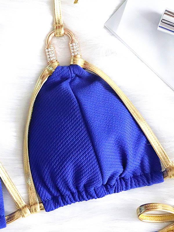 Solid Color Bandage Split Bikini Swimsuit