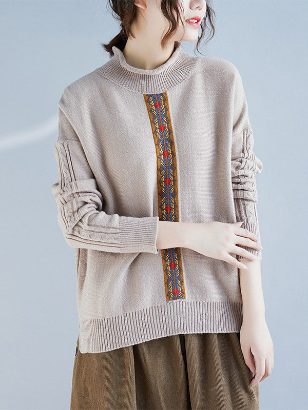 Casual Split-Side High-Neck Long Sleeves Sweater Tops