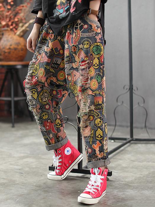 Printed Mess Style Hole-with Loose Pants