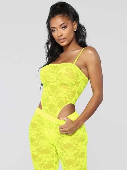 Lace Spaghettti -neck Bodysuits And Flared Pants Suits