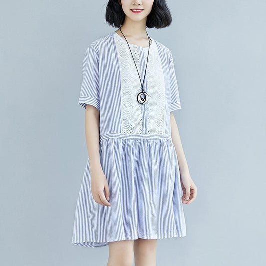 Summer Stripe Short  Sleeve Casual Hollow Dress