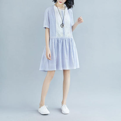 Summer Stripe Short  Sleeve Casual Hollow Dress