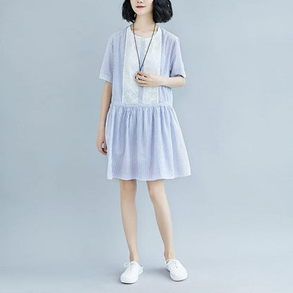 Summer Stripe Short  Sleeve Casual Hollow Dress