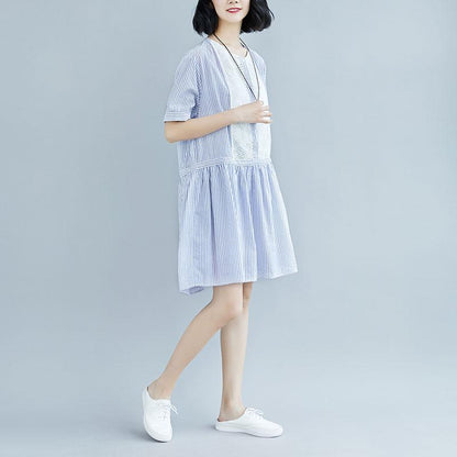 Summer Stripe Short  Sleeve Casual Hollow Dress