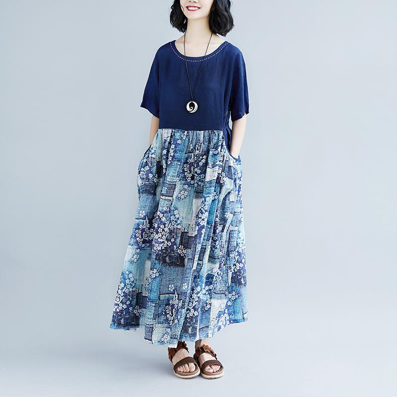 Lacing Summer Short Sleeve Casual Pockets Long Dress