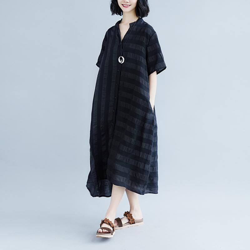 Summer Stripe Short  Sleeve Casual Black Dress
