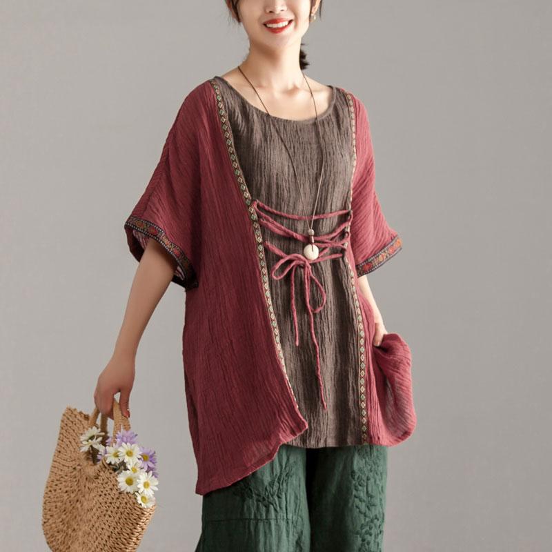 Loose Large Size Women Short Sleeve Splicing Tops
