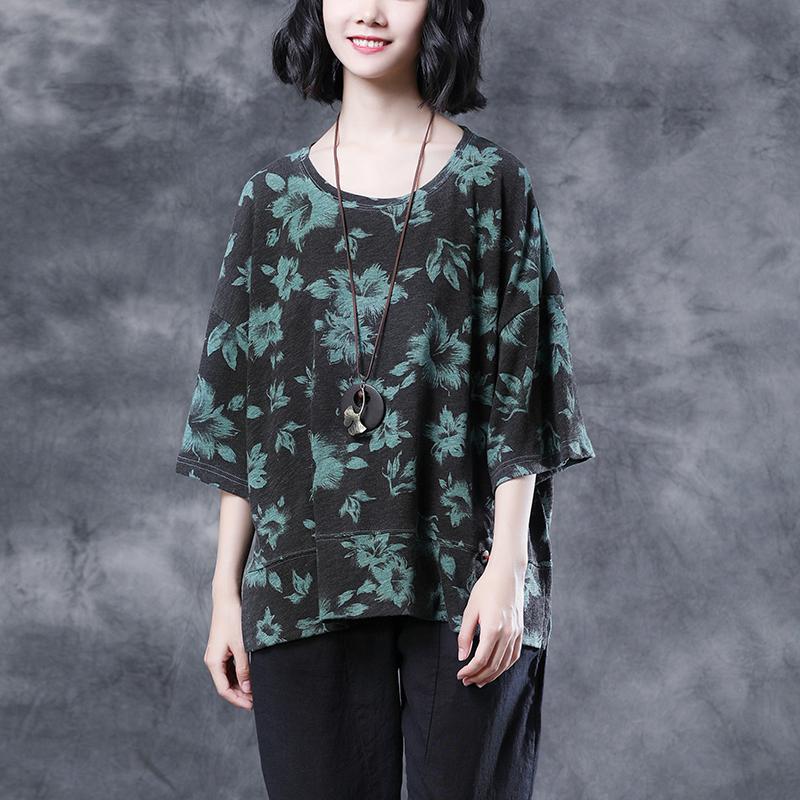 Short Sleeve Summer Flower Cotton Slit Casual Tops