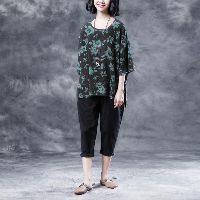 Short Sleeve Summer Flower Cotton Slit Casual Tops