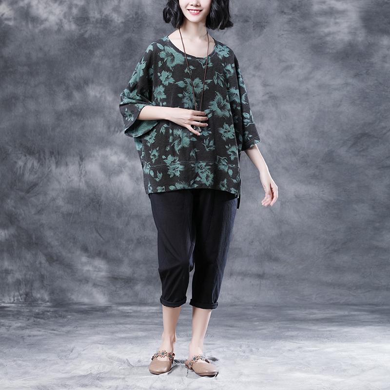 Short Sleeve Summer Flower Cotton Slit Casual Tops