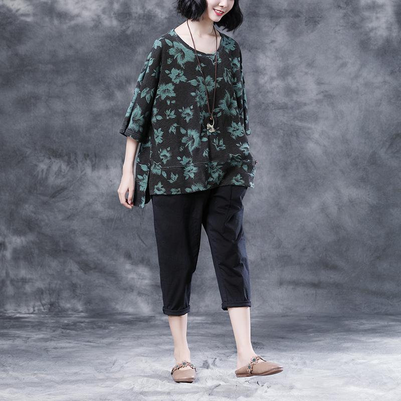 Short Sleeve Summer Flower Cotton Slit Casual Tops