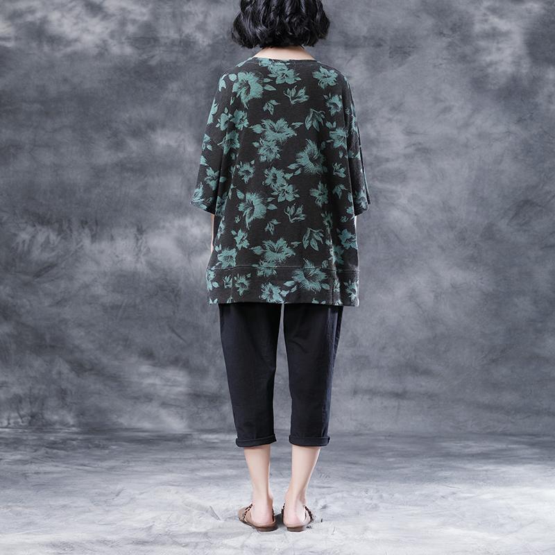 Short Sleeve Summer Flower Cotton Slit Casual Tops