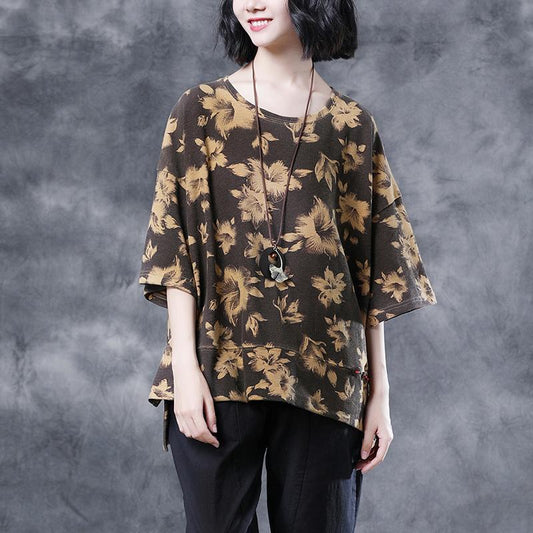 Short Sleeve Summer Flower  Slit Casual Cotton Tops