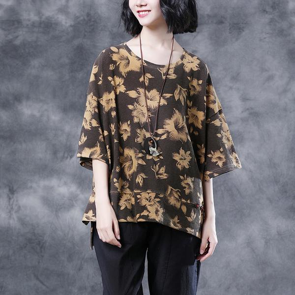 Short Sleeve Summer Flower Cotton Slit Casual Tops