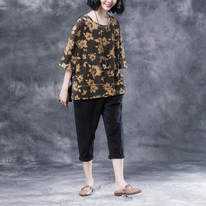 Short Sleeve Summer Flower  Slit Casual Cotton Tops