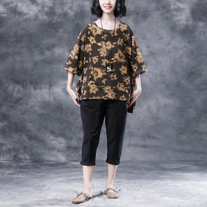 Short Sleeve Summer Flower  Slit Casual Cotton Tops