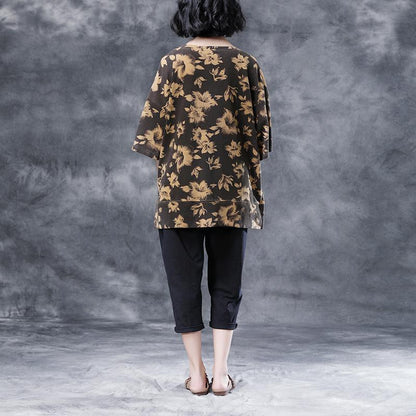 Short Sleeve Summer Flower  Slit Casual Cotton Tops