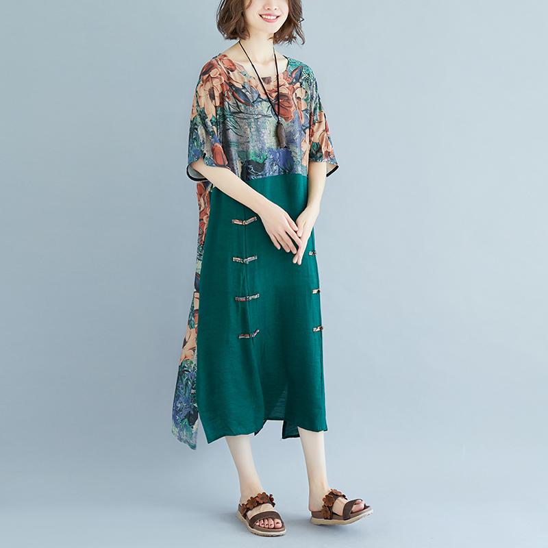 Summer Casual Slit Pockets Round Neck Green Dress