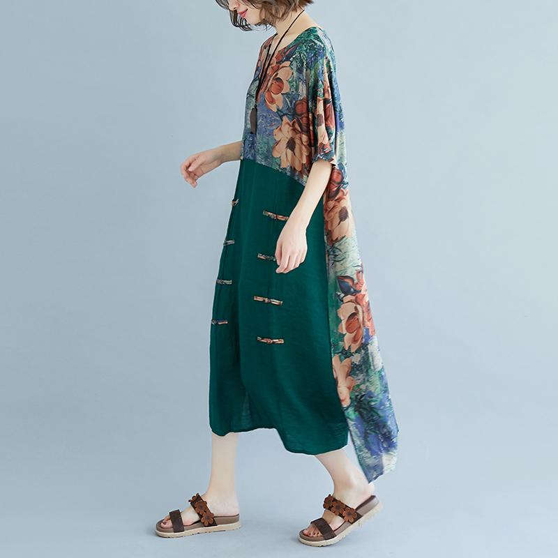 Summer Casual Slit Pockets Round Neck Green Dress