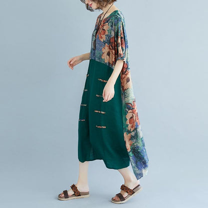 Summer Casual Slit Pockets Round Neck Green Dress