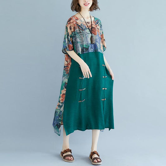 Summer Casual Slit Pockets Round Neck Green Dress
