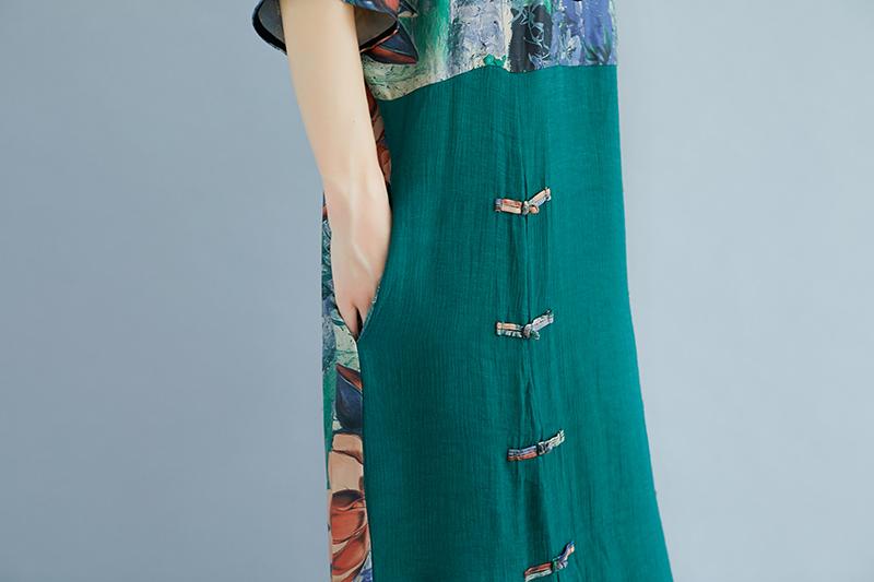 Summer Casual Slit Pockets Round Neck Green Dress