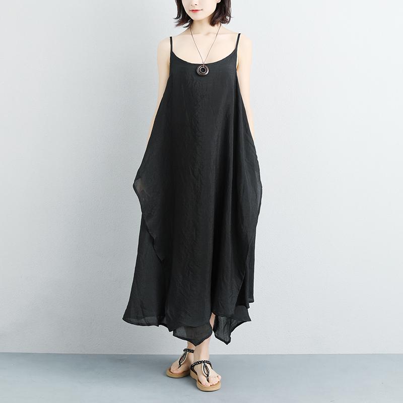 Cotton Linen Summer Sleeveless Black Vest Dress