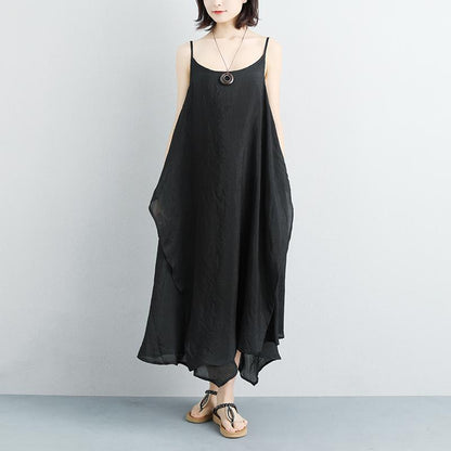 Cotton Linen Summer Sleeveless Black Vest Dress