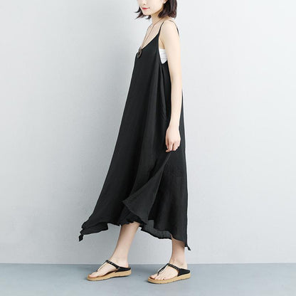 Cotton Linen Summer Sleeveless Black Vest Dress