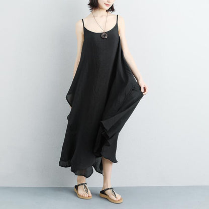 Cotton Linen Summer Sleeveless Black Vest Dress