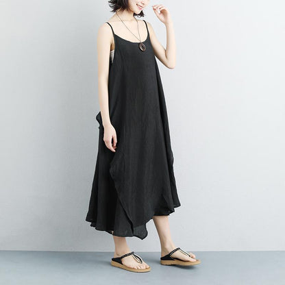 Cotton Linen Summer Sleeveless Black Vest Dress