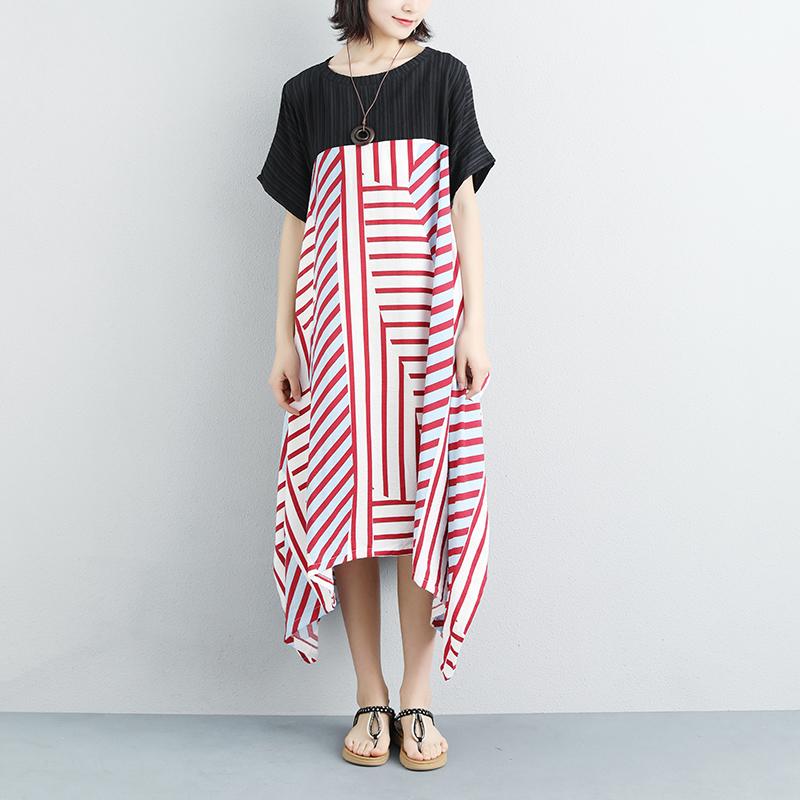 Women Loose Stripe Splicing Short Sleeve Dress