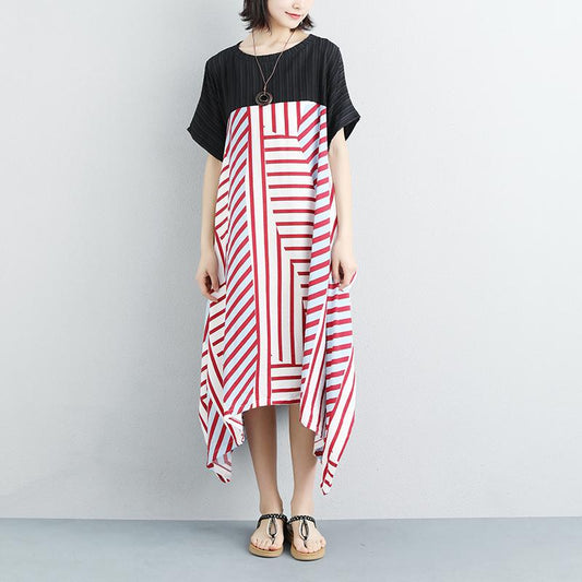 Women Loose Stripe Splicing Short Sleeve Dress
