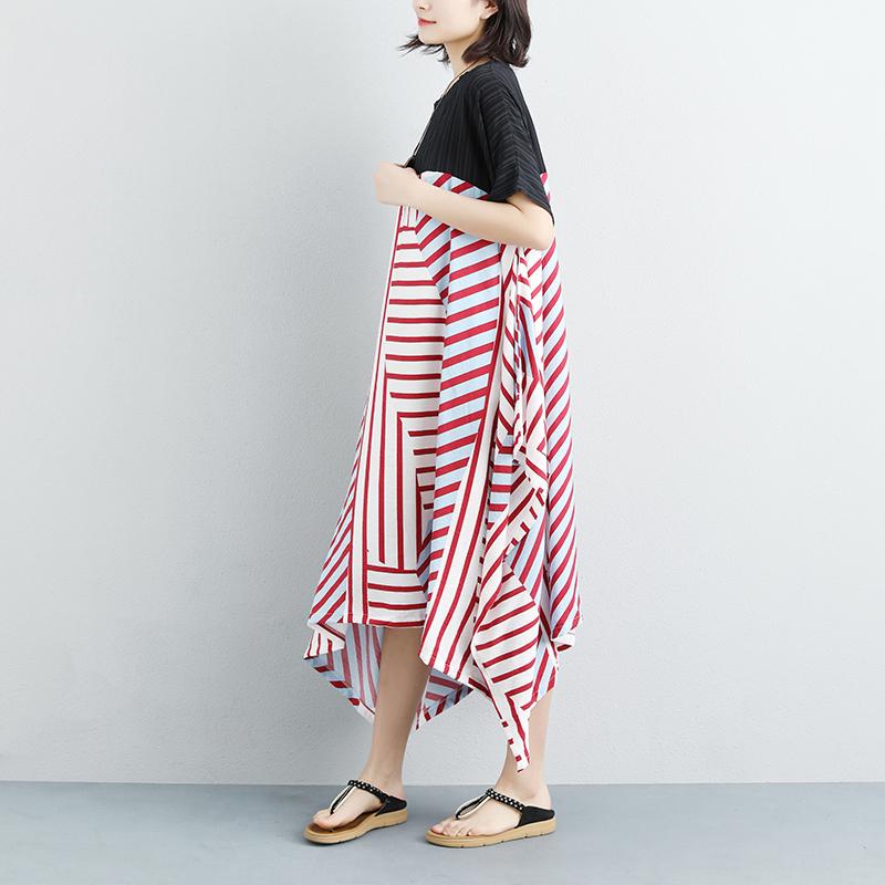 Women Loose Stripe Splicing Short Sleeve Dress