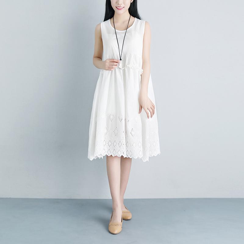 Lacing Casual Hollow Summer Sleeveless White Dress