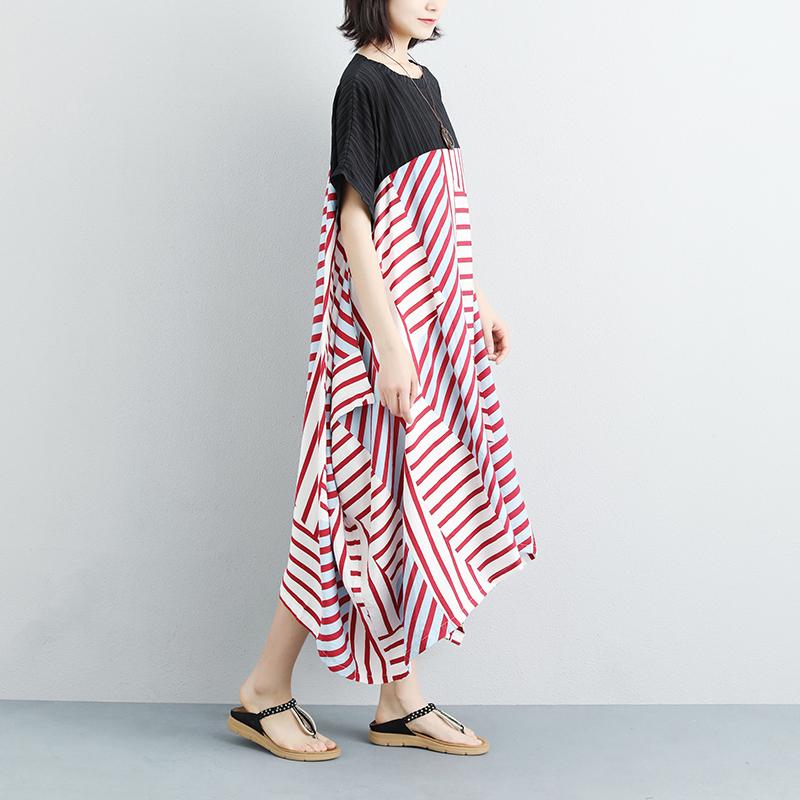 Women Loose Stripe Splicing Short Sleeve Dress