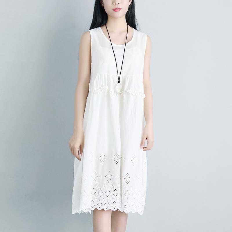 Lacing Casual Hollow Summer Sleeveless White Dress