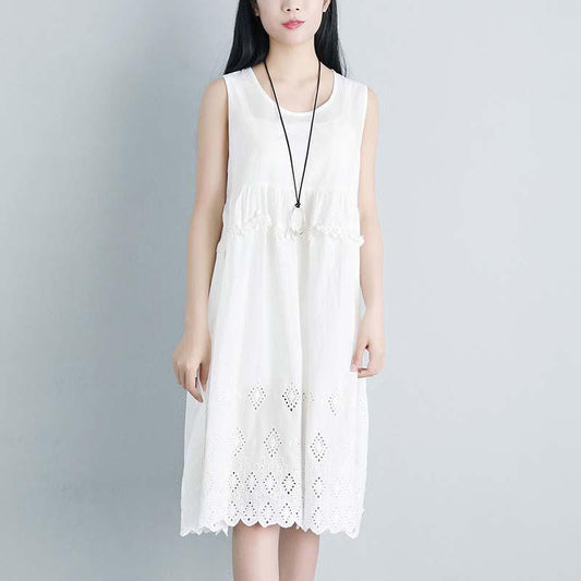 Lacing Casual Hollow Summer Sleeveless White Dress