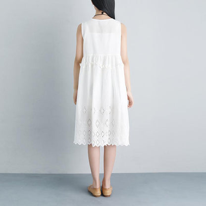 Lacing Casual Hollow Summer Sleeveless White Dress