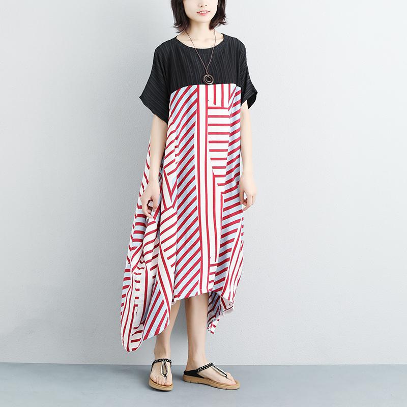 Women Loose Stripe Splicing Short Sleeve Dress