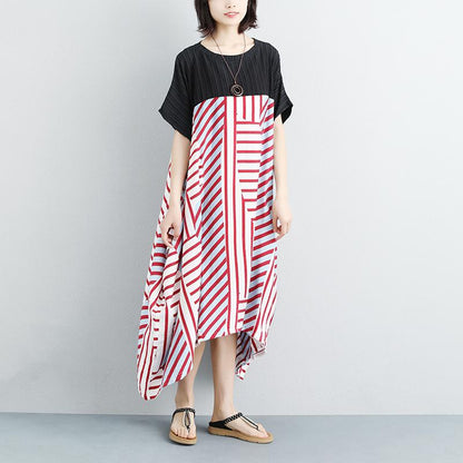 Women Loose Stripe Splicing Short Sleeve Dress