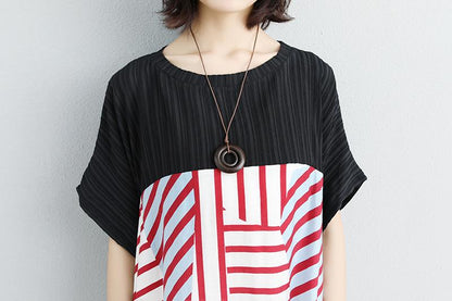 Women Loose Stripe Splicing Short Sleeve Dress