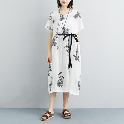 Summer Pockets Flower Short Sleeve White Lacing Dress