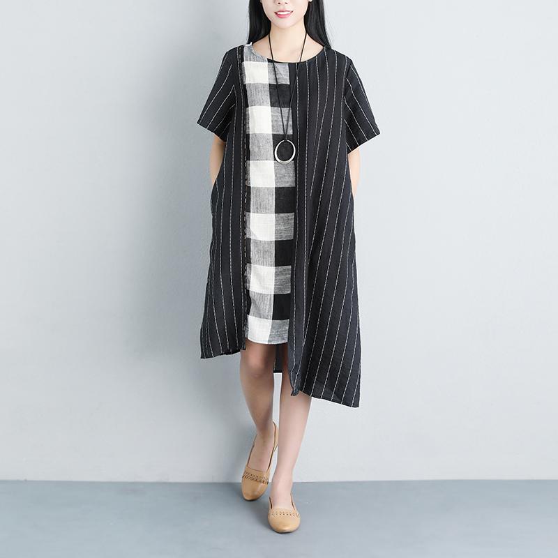 Stripe Summer Short Sleeve Casual Pockets Black Dress