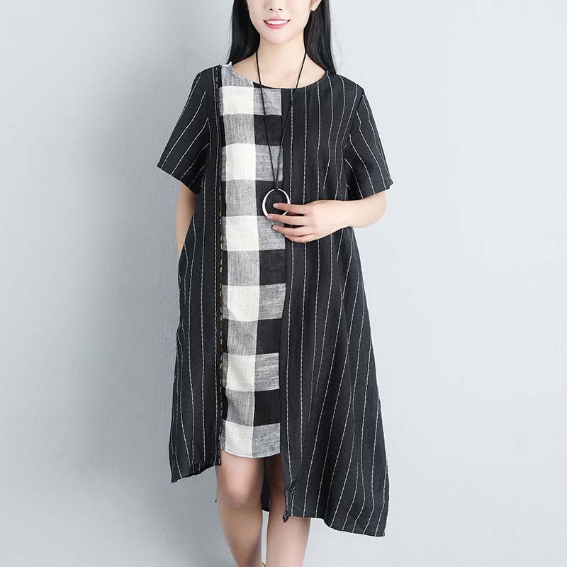 Stripe Summer Short Sleeve Casual Pockets Black Dress
