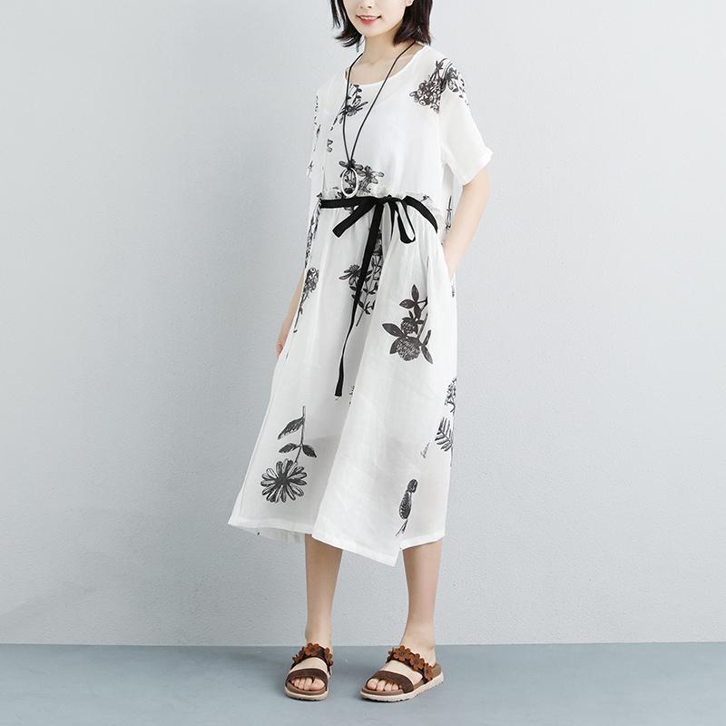 Summer Pockets Flower Short Sleeve White Lacing Dress